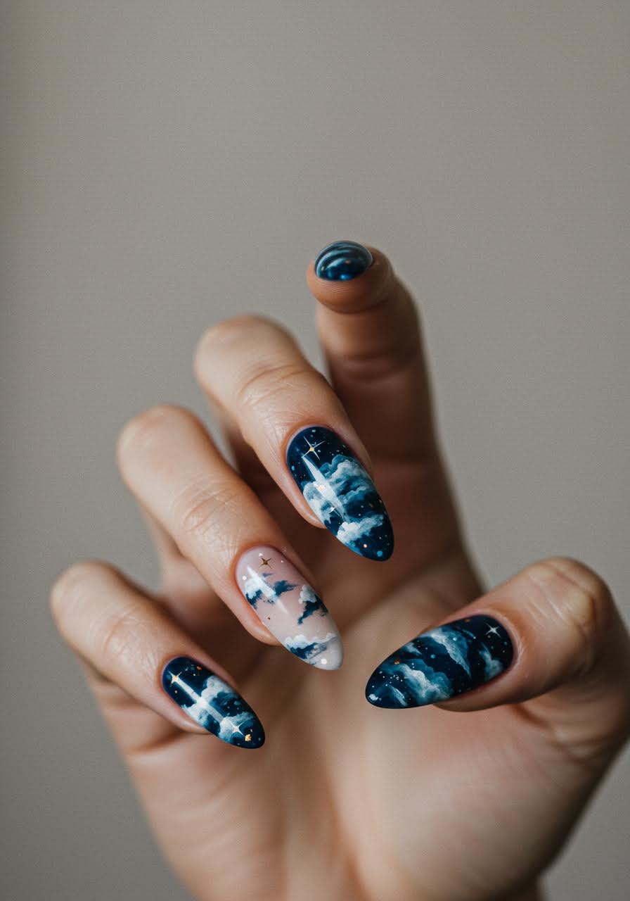 Midnight blue nails with wispy cloud patterns and atmospheric sky effects