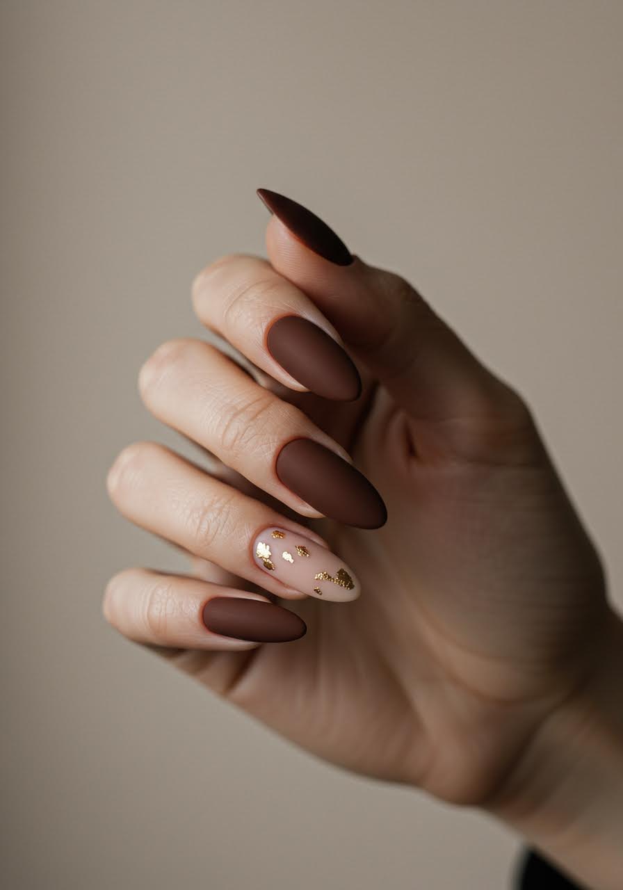 Matte brown velvet finish nails with delicate gold leaf accent details