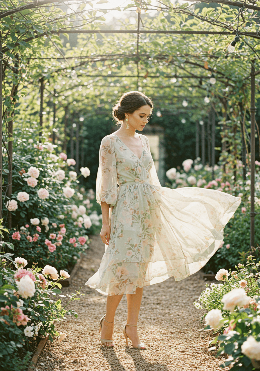 Woman in ethereal watercolour botanical print midi dress in sunlit garden courtyard surrounded by blooming flower beds