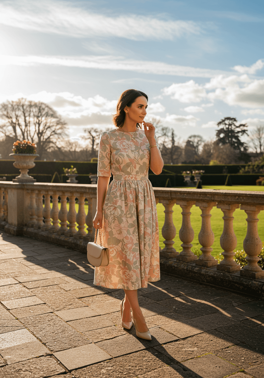 Stylish woman in modern floral midi dress with blush and sage botanical prints on sunlit garden terrace