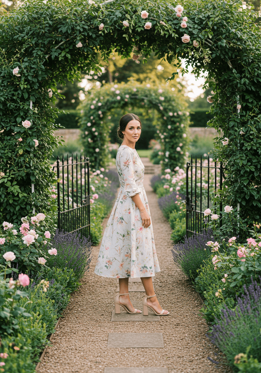Woman in pastel floral midi dress with nude heels among blooming garden beds at elegant outdoor venue