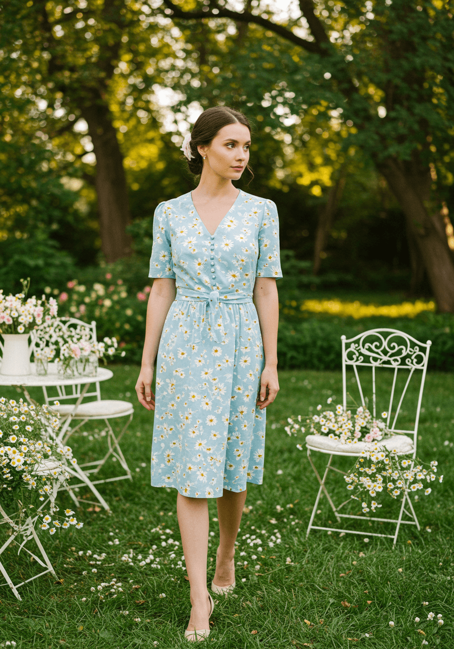Chic knee-length cocktail dress with white daisy prints on soft blue in blooming garden party setting