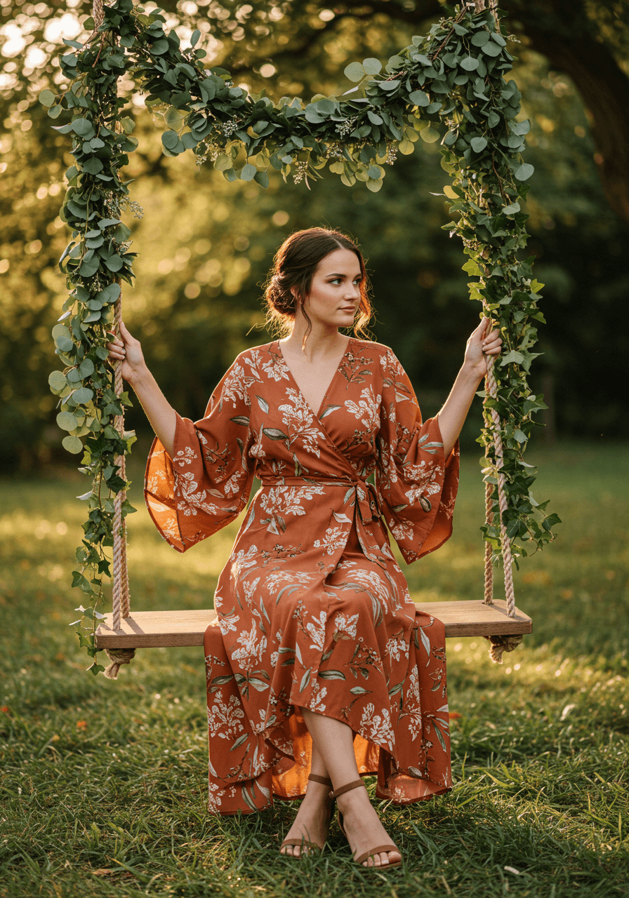 Woman in terracotta botanical wrap dress with kimono sleeves on eucalyptus-adorned swing