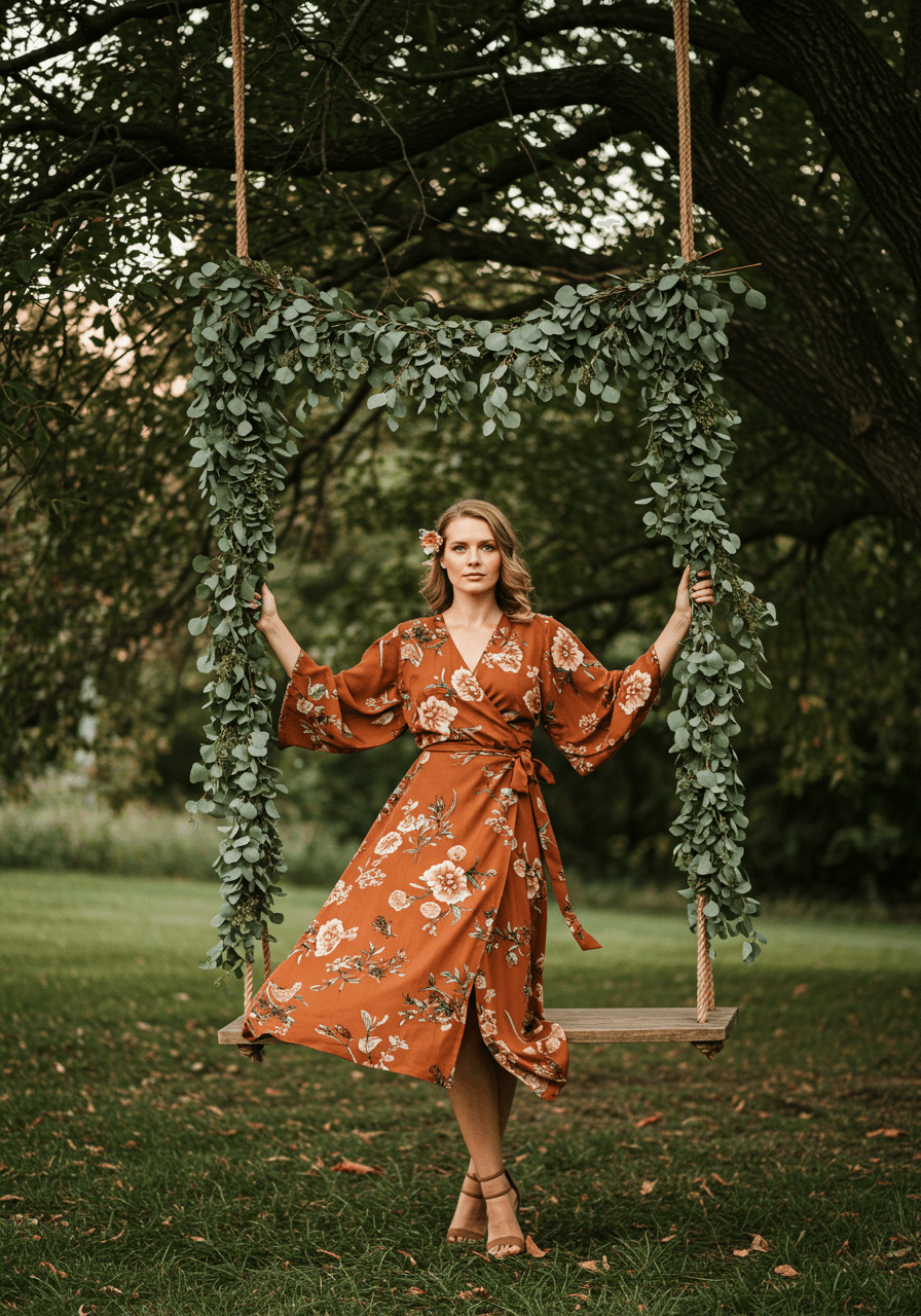 Terracotta dress on vintage wooden swing surrounded by cascading eucalyptus in dappled light
