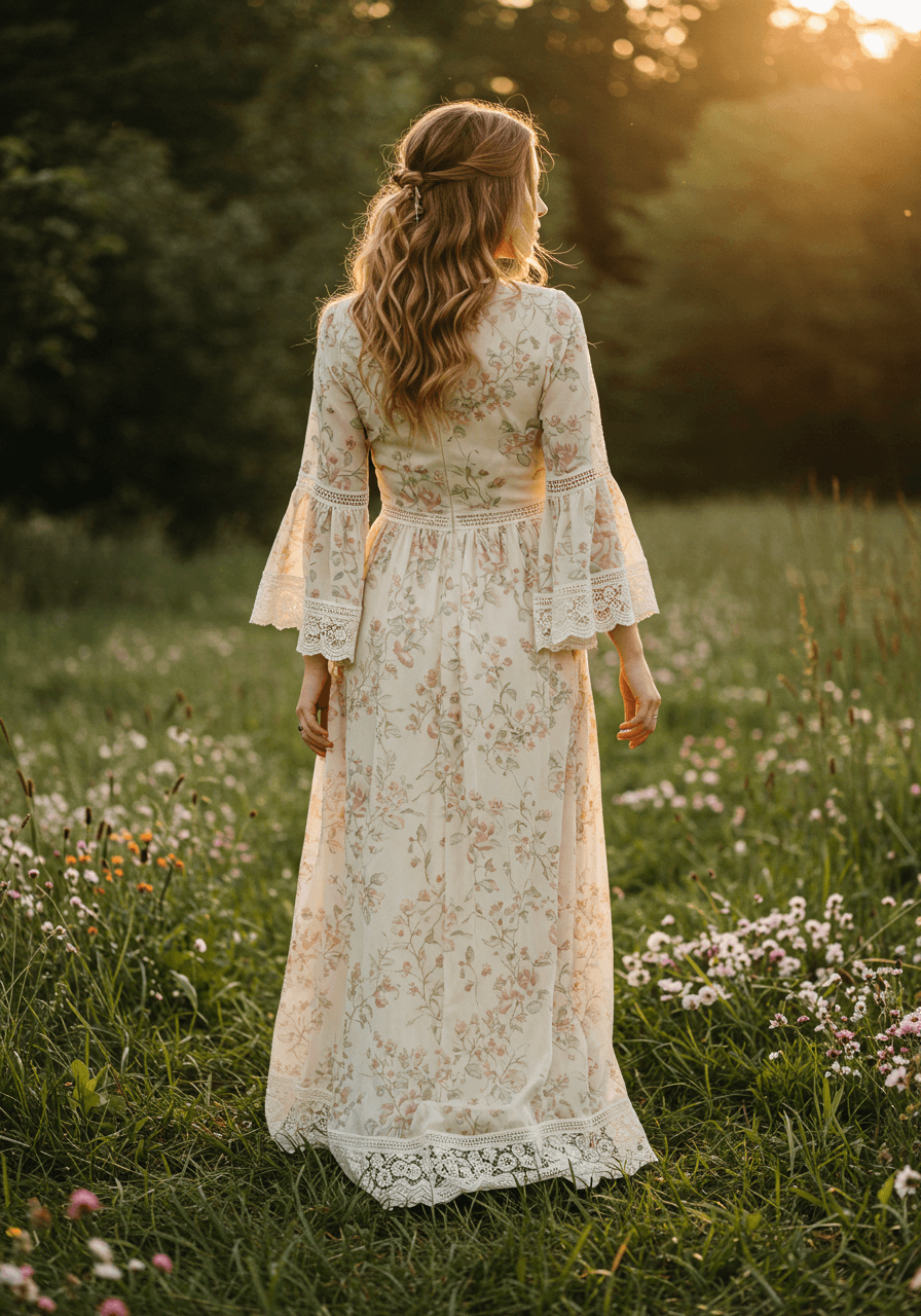 Bohemian off-white maxi dress with floral embroidery and bell sleeves in wildflower meadow