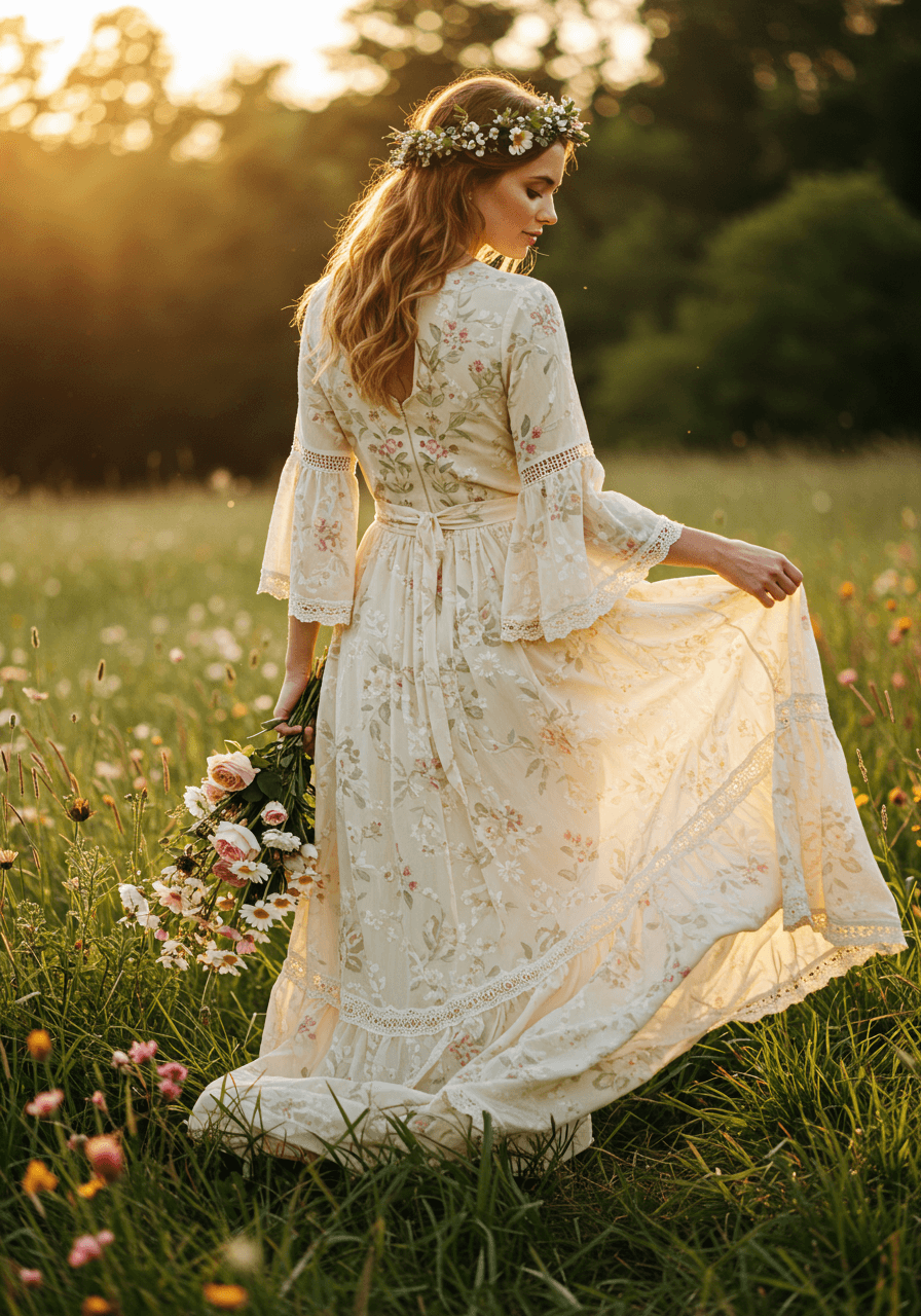 Woman in embroidered bohemian maxi dress standing among wildflowers in afternoon light