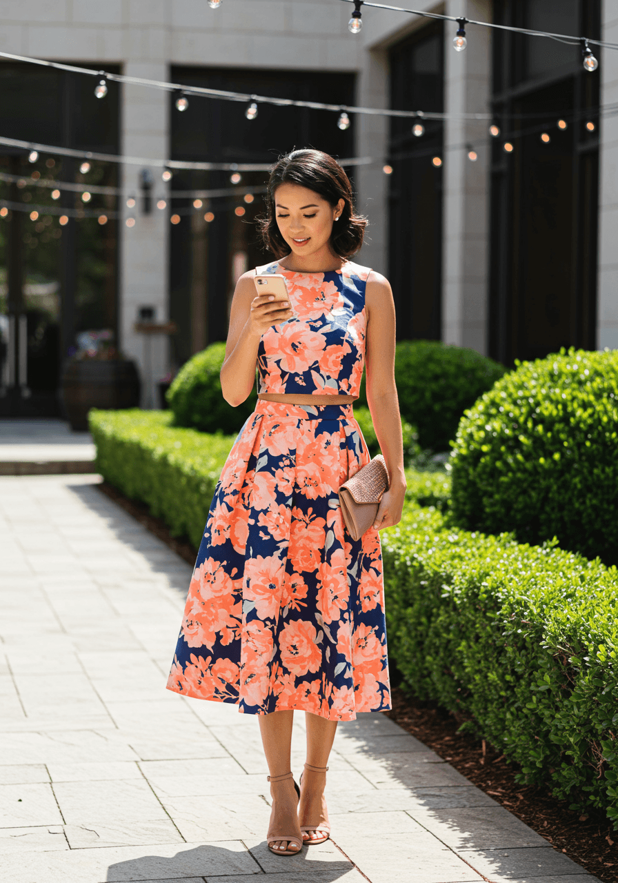Modern floral crop top and midi skirt ensemble with structured clutch at bright outdoor venue with string lights
