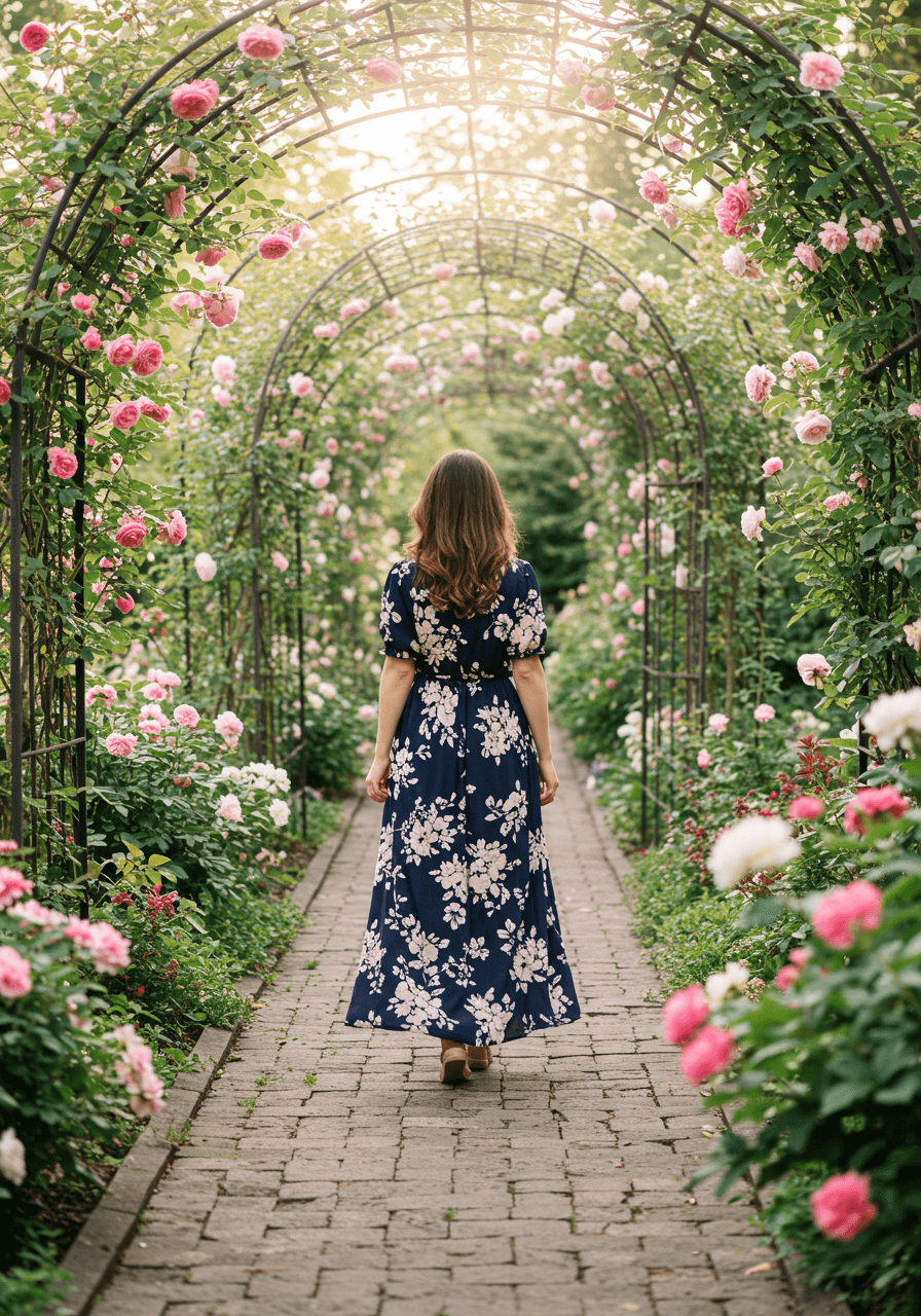 Woman in navy blue floral maxi dress walking along rose-lined garden pathway in morning light