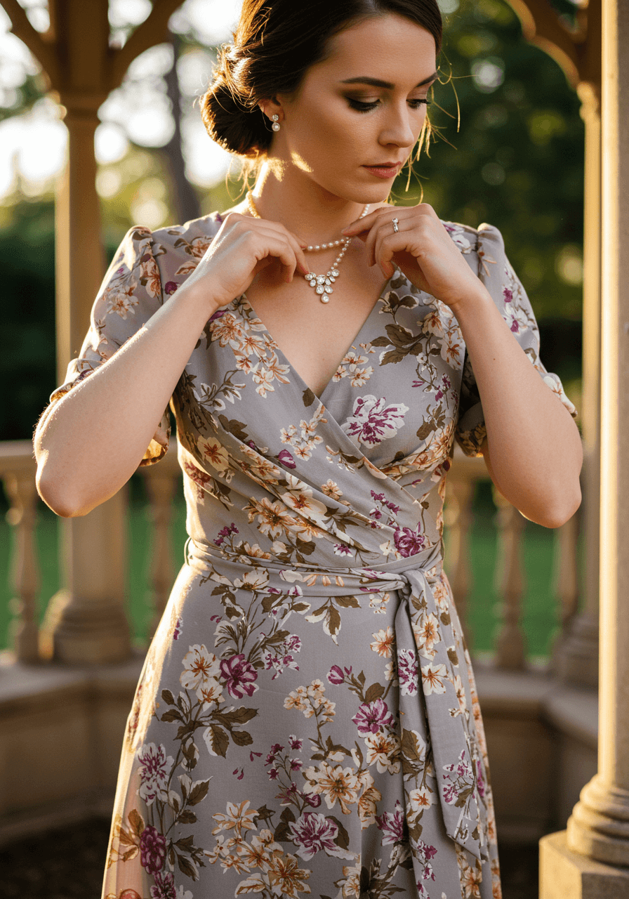 Woman in floral midi dress adjusting statement necklace beside ornate garden gazebo at golden hour