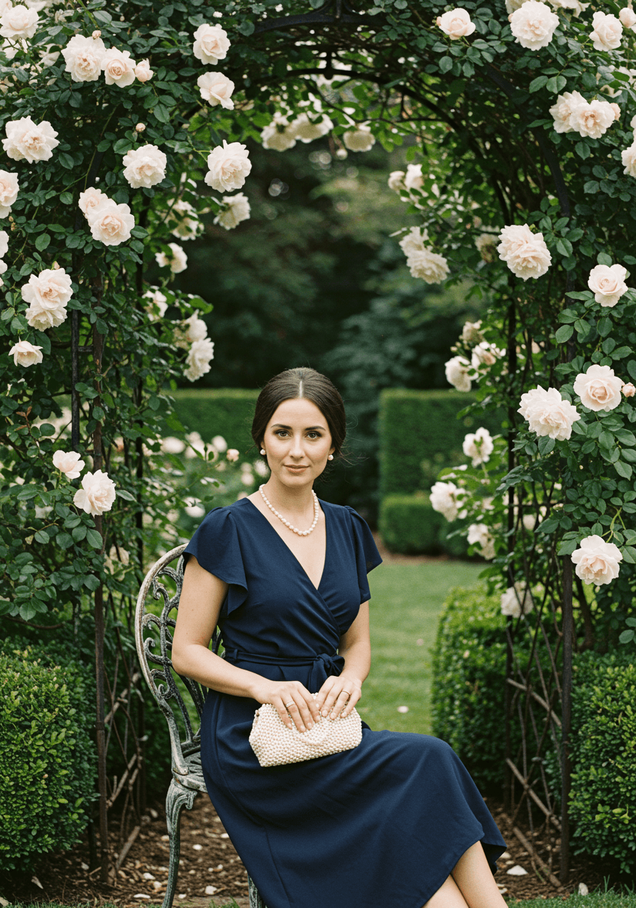 Woman in navy wrap dress with flutter sleeves and pearls seated on vintage garden chair beside rose arbour