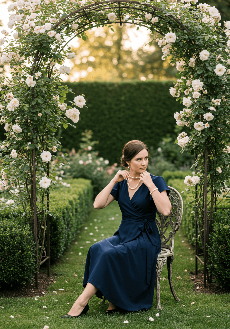 Sophisticated navy blue guest dress with pearl accessories at garden venue with climbing white roses
