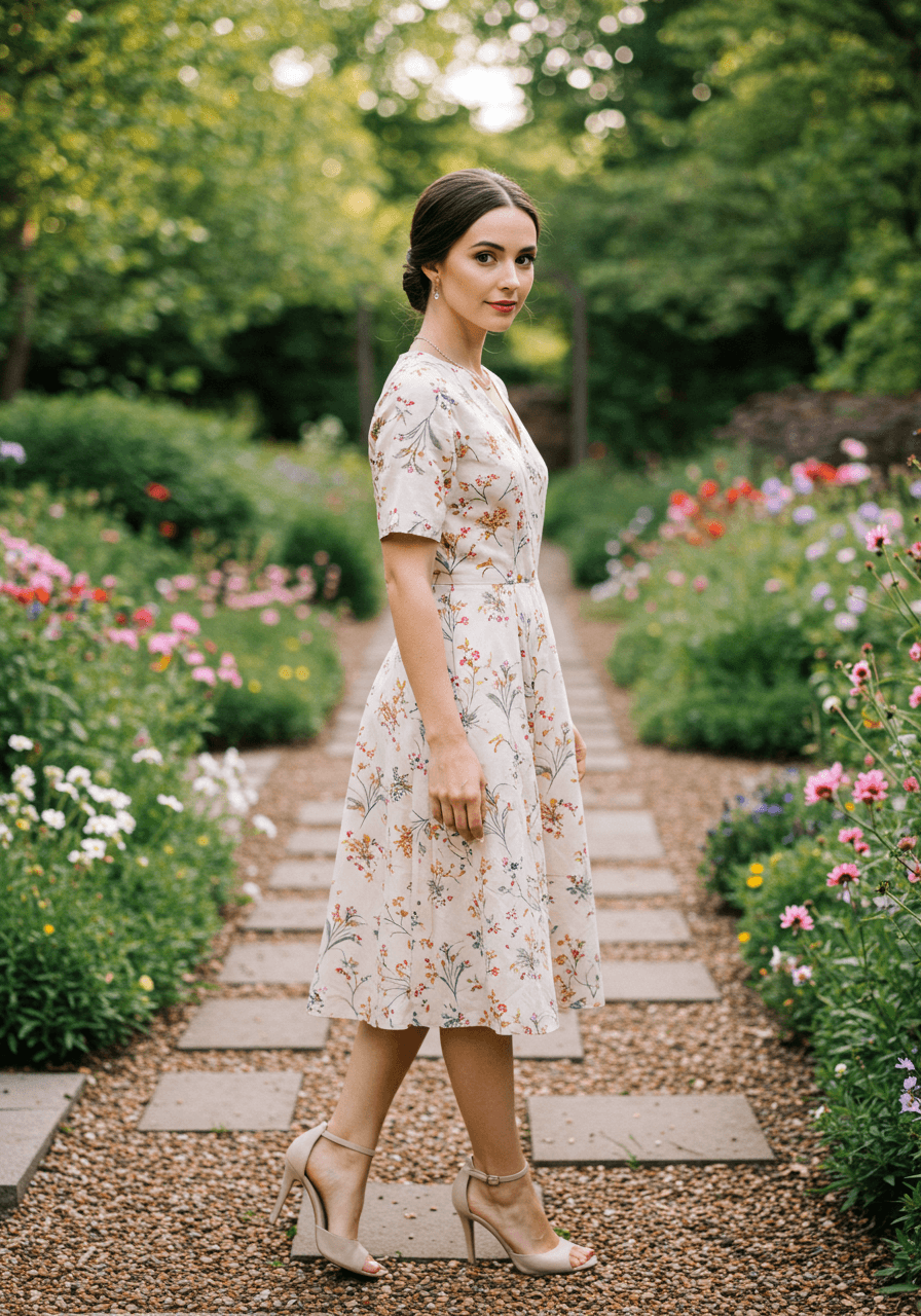 Woman in botanical print midi dress on stone pathway surrounded by blooming flower beds