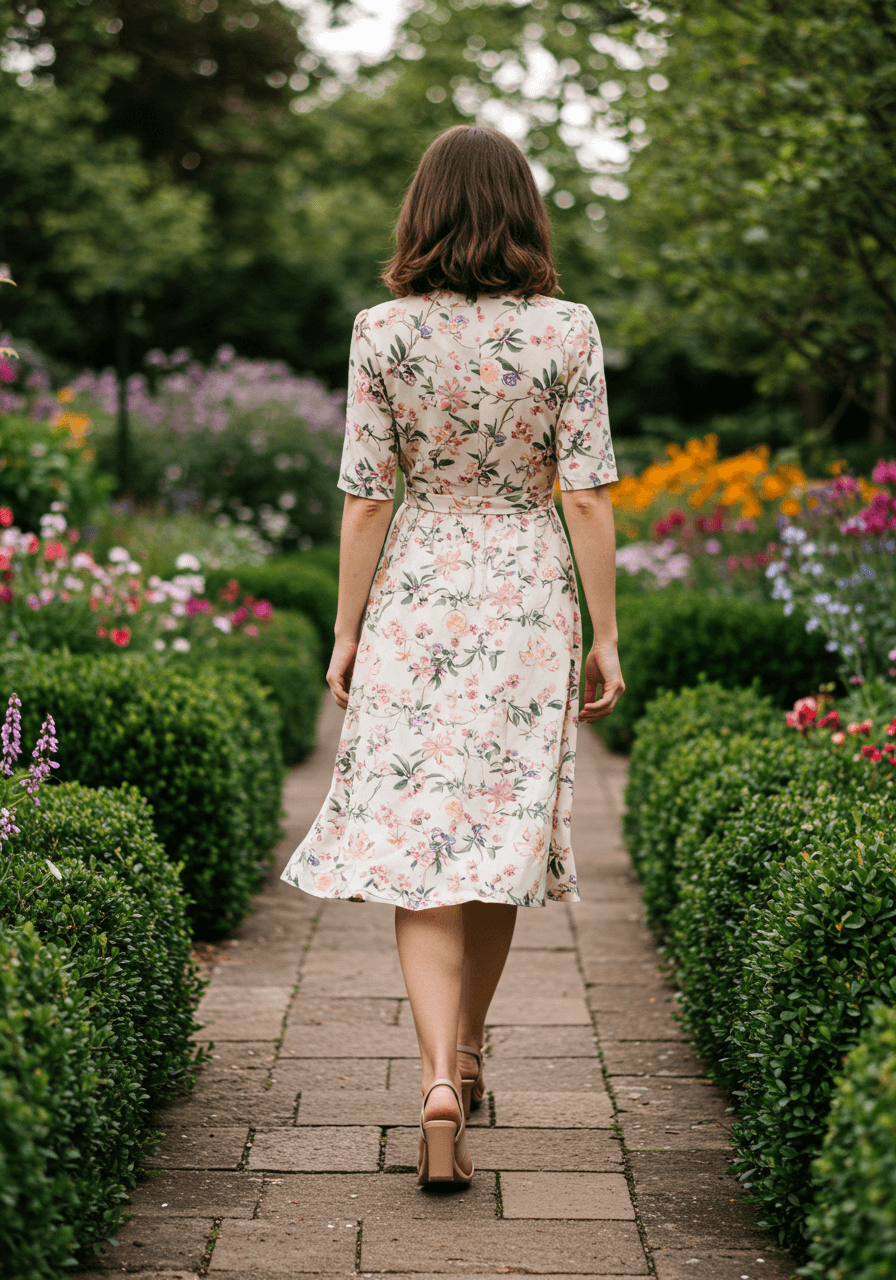 Floral midi dress with delicate botanical prints along natural garden pathways in soft afternoon light