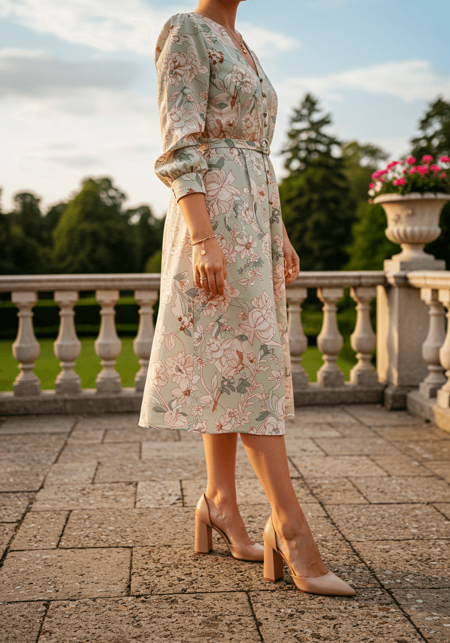 Contemporary botanical print dress with gold jewellery and nude heels overlooking manicured lawns at golden hour