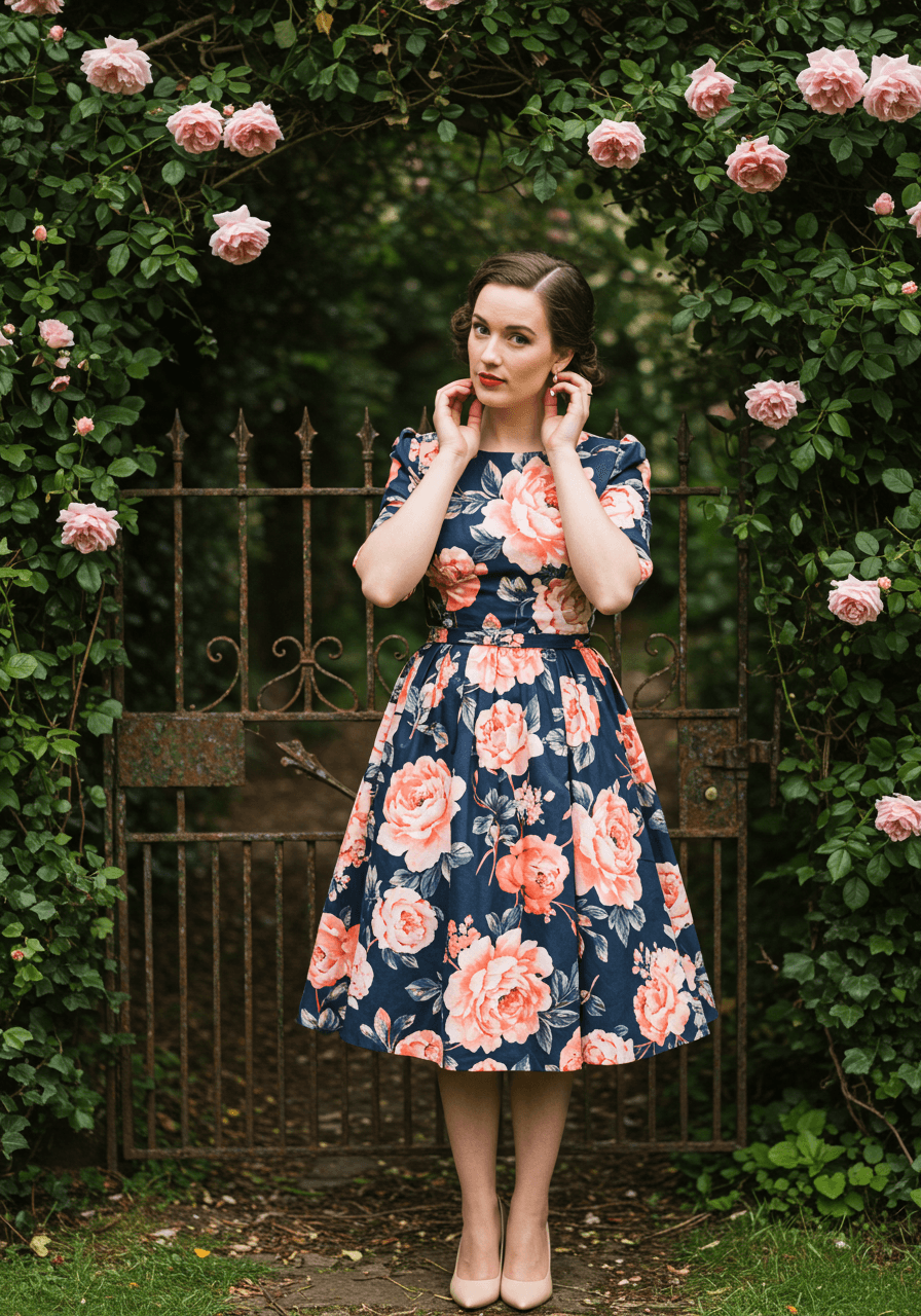 1940s-inspired tea-length dress with oversized botanical print and cinched waist beside vintage gate with climbing roses