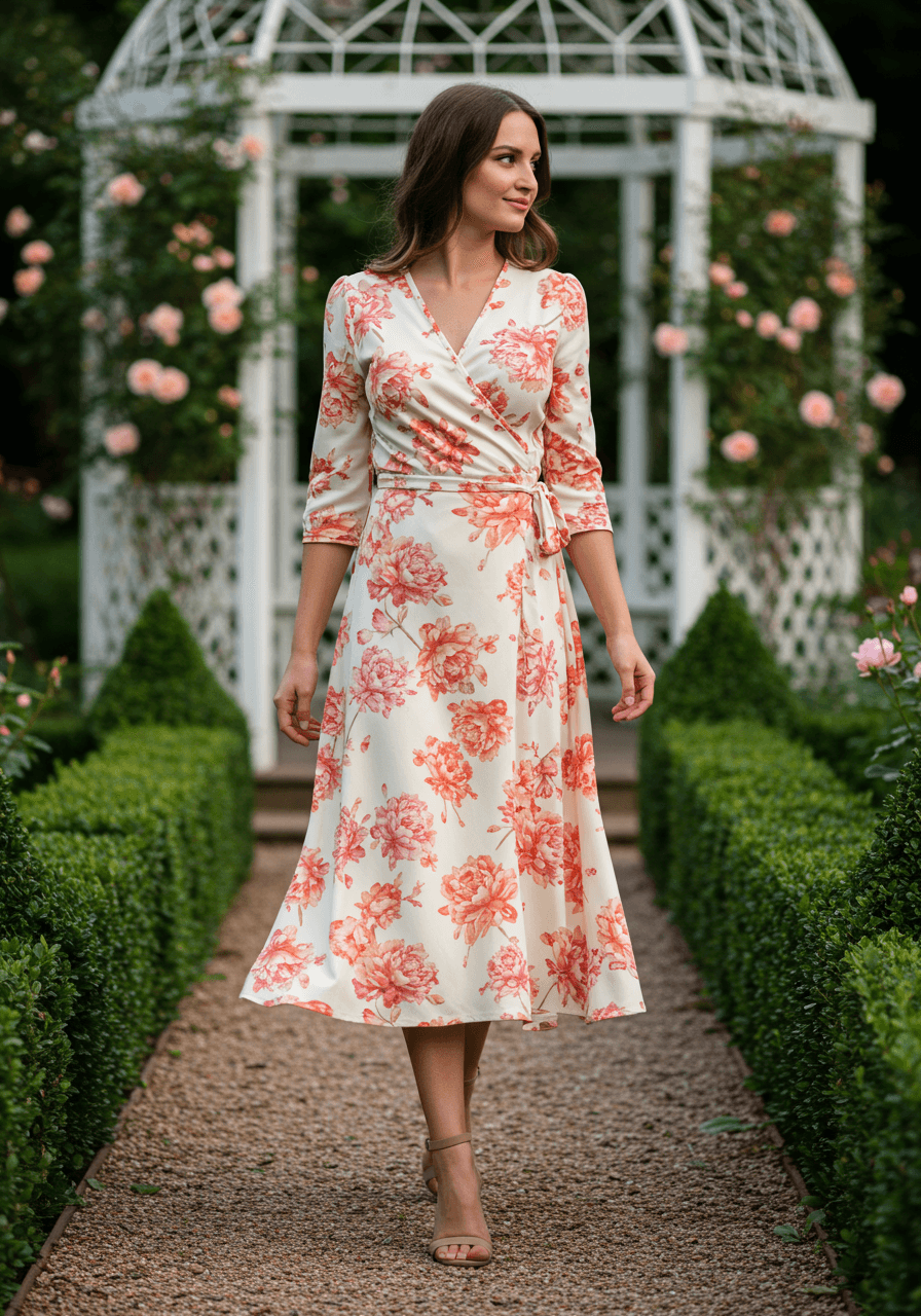 Woman in cream wrap dress with pink peony print near elegant garden gazebo with climbing roses