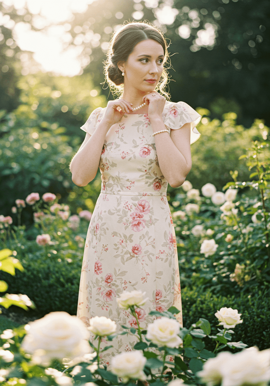 Guest in pastel floral midi dress with flutter sleeves and pearl accessories at golden hour