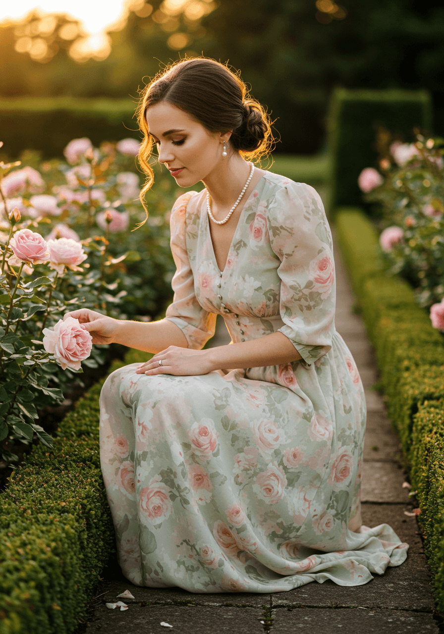 Elegantly dressed woman in watercolour bloom print dress examining manicured garden roses in soft golden afternoon light