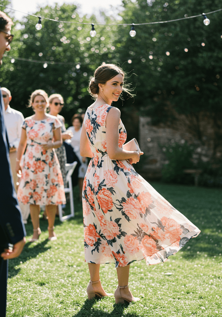 Woman in classic pink and coral peony print midi dress in sunlit garden courtyard during reception