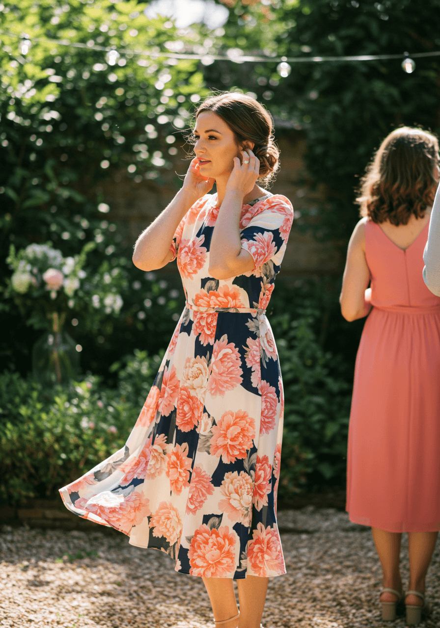 Flowing peony pattern dress in garden party setting with natural afternoon lighting and blooming flower beds