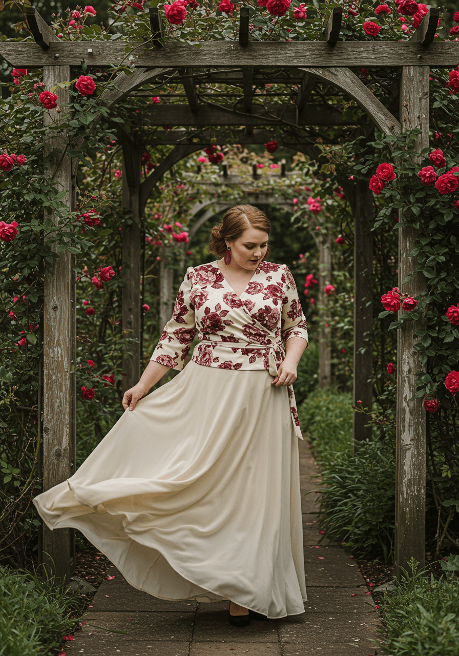 Woman in vintage-inspired rose print ensemble before climbing rose-covered pergola in morning light