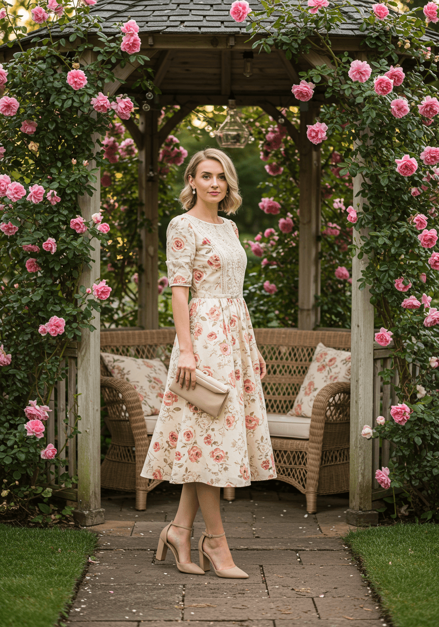 Woman in soft pink rose print midi dress with nude heels near garden gazebo and blooming roses