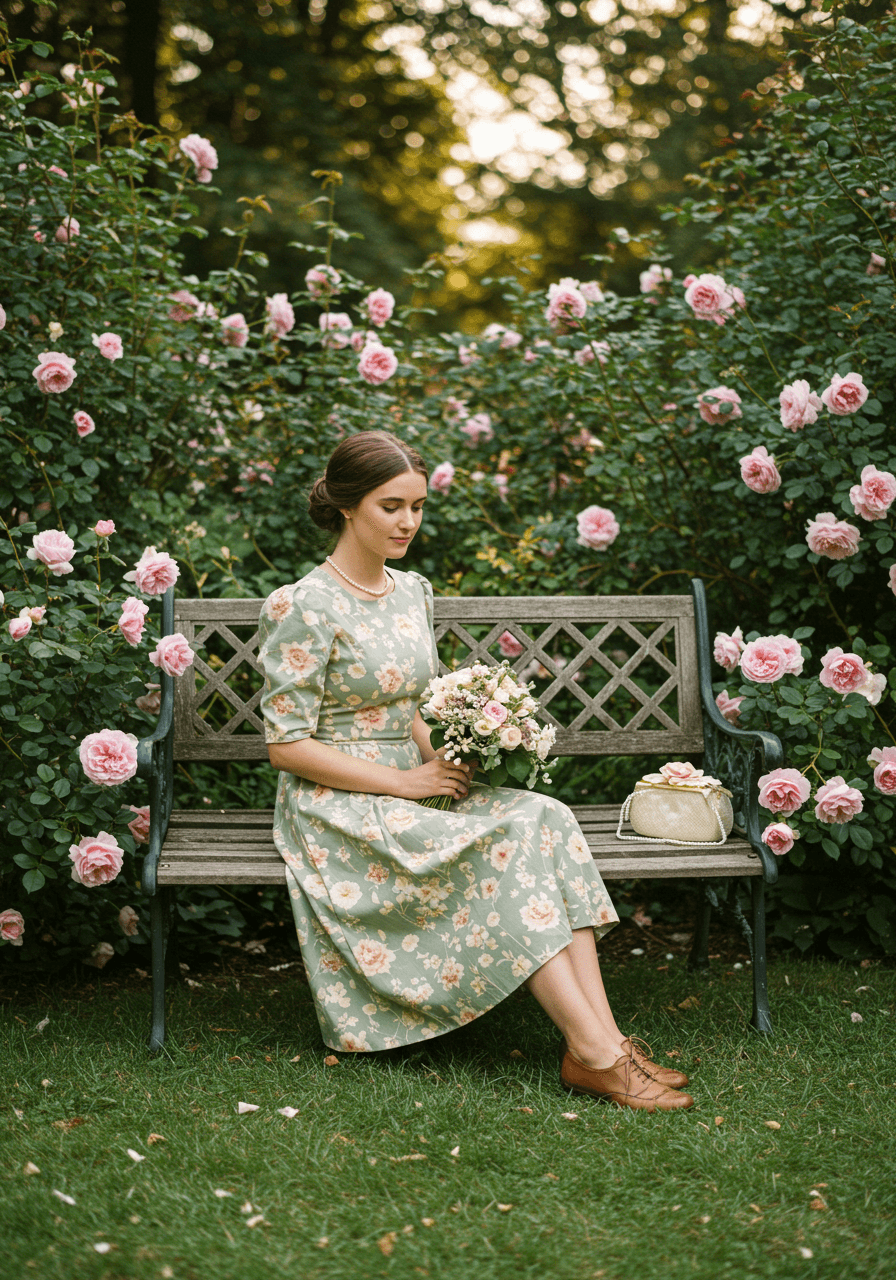 Vintage-inspired midi dress with puffed sleeves and fitted bodice among English garden roses at golden hour