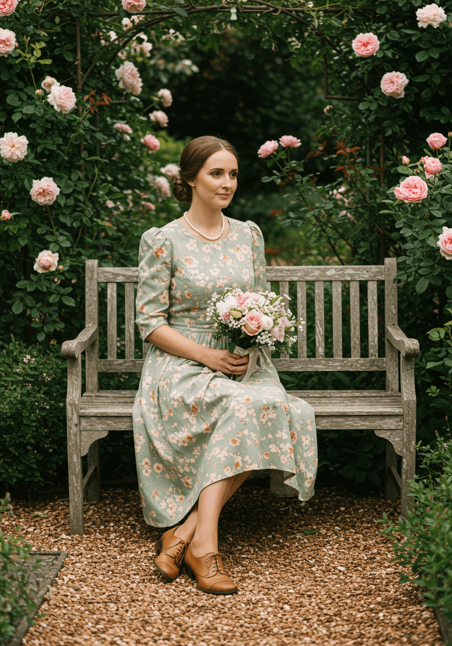 Guest in pastel floral vintage dress with pearl accessories beside antique rose bushes
