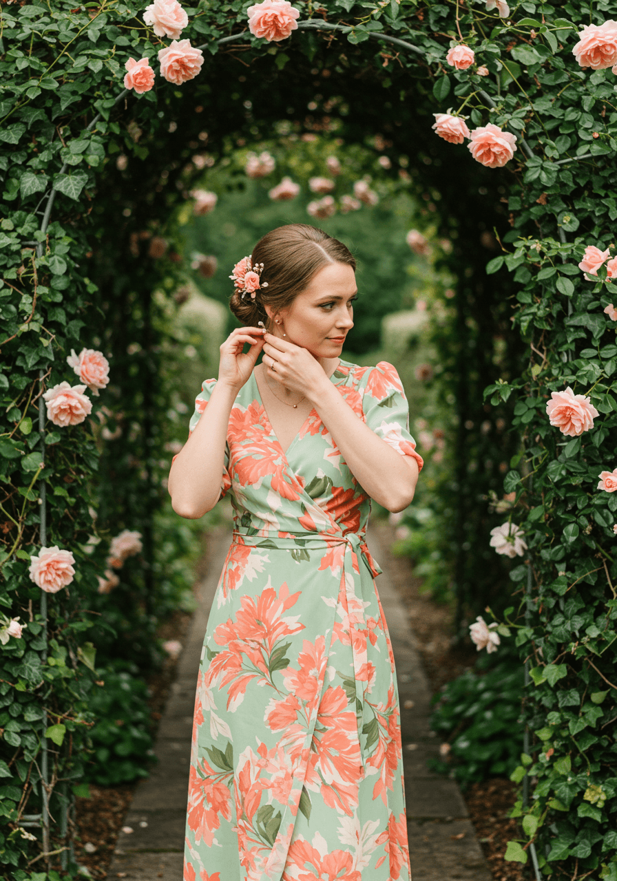 Woman in coral and sage botanical wrap dress adjusting floral hair accessory on stone pathway