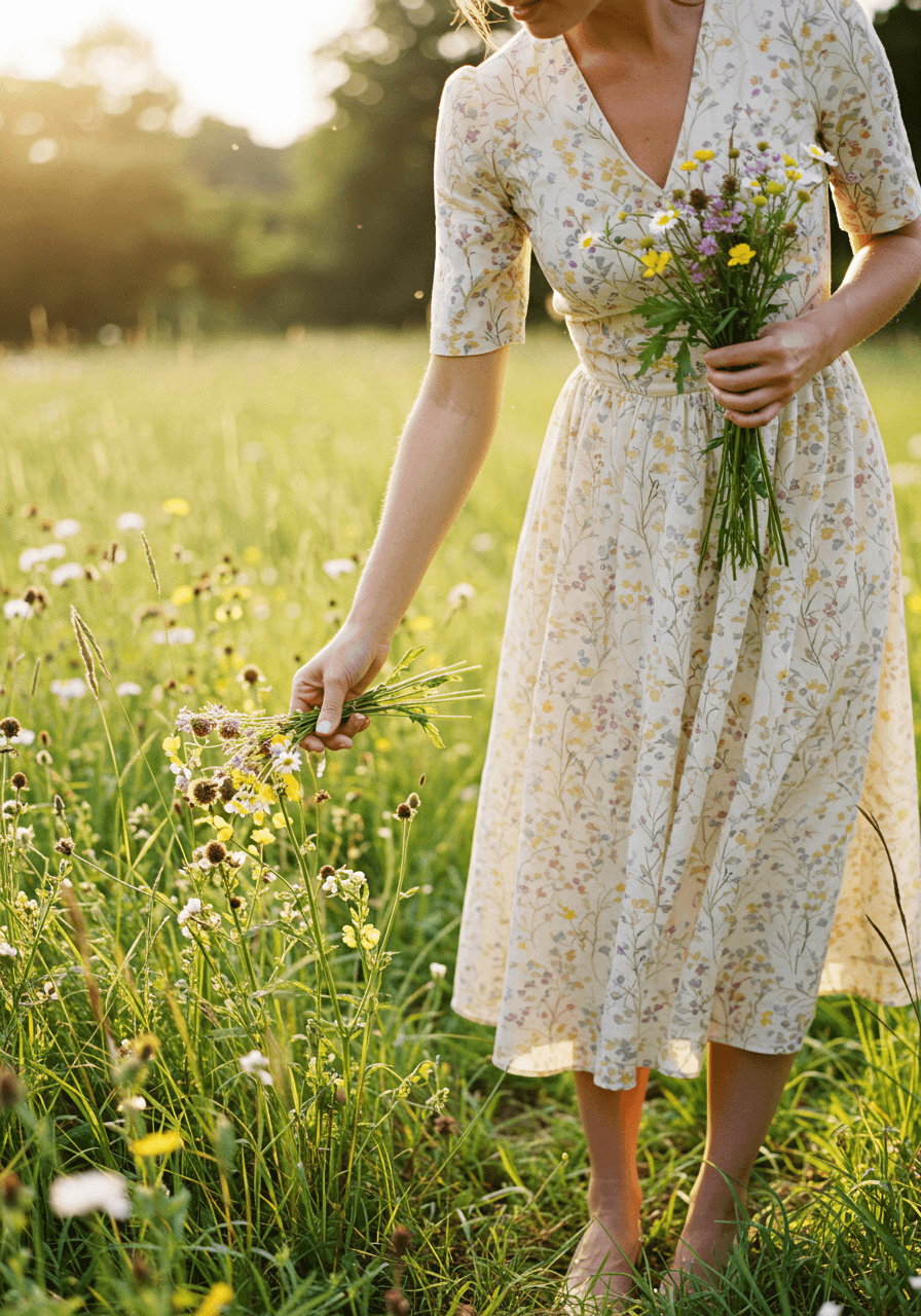 Delicate wildflower pattern dress in soft pastels among swaying meadow grasses in warm natural lighting