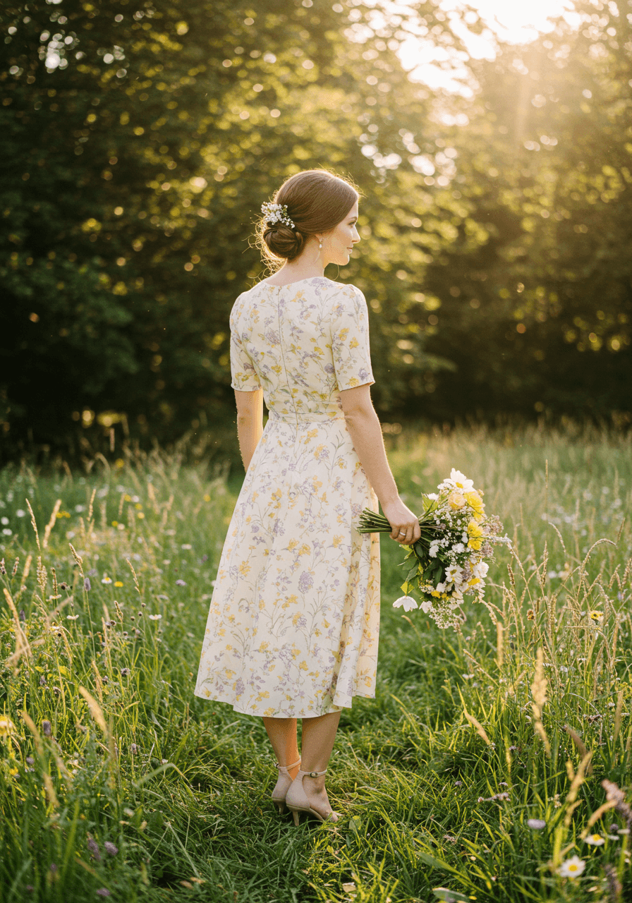 Woman in wildflower print midi dress standing in sunlit natural meadow garden during late afternoon