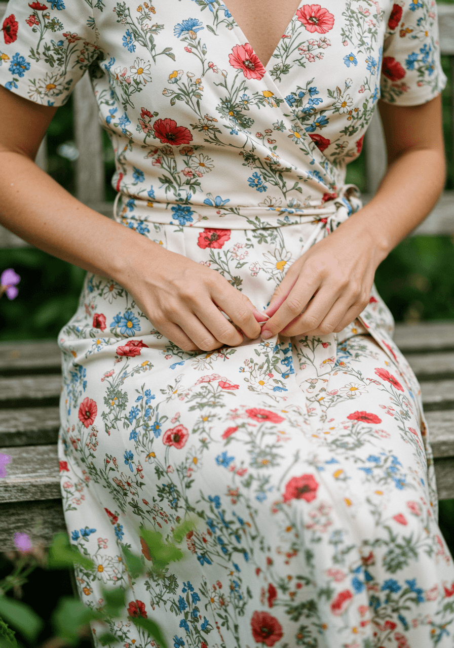 Close-up of hands smoothing wildflower print wrap dress while seated on rustic wooden garden bench