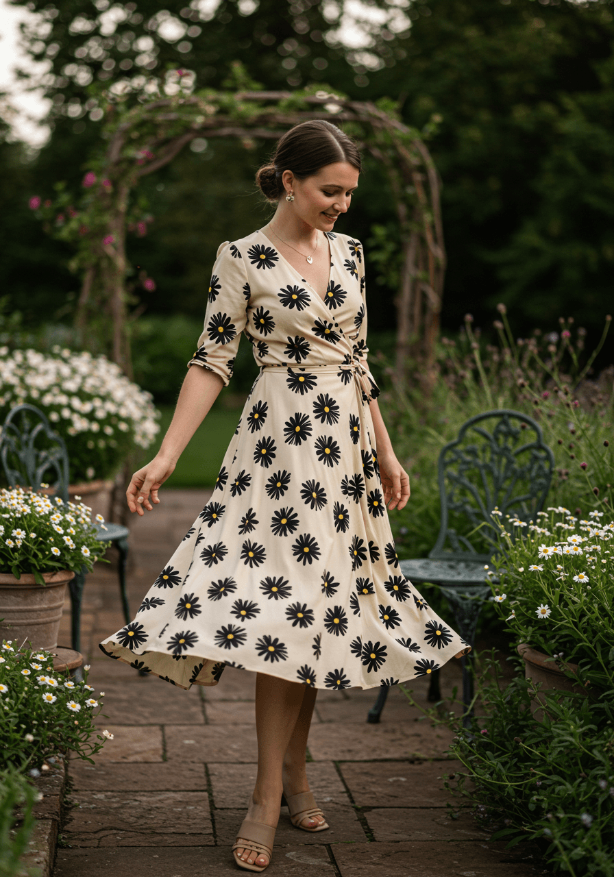 Woman in black daisy print wrap midi dress twirling on stone patio surrounded by wildflower gardens