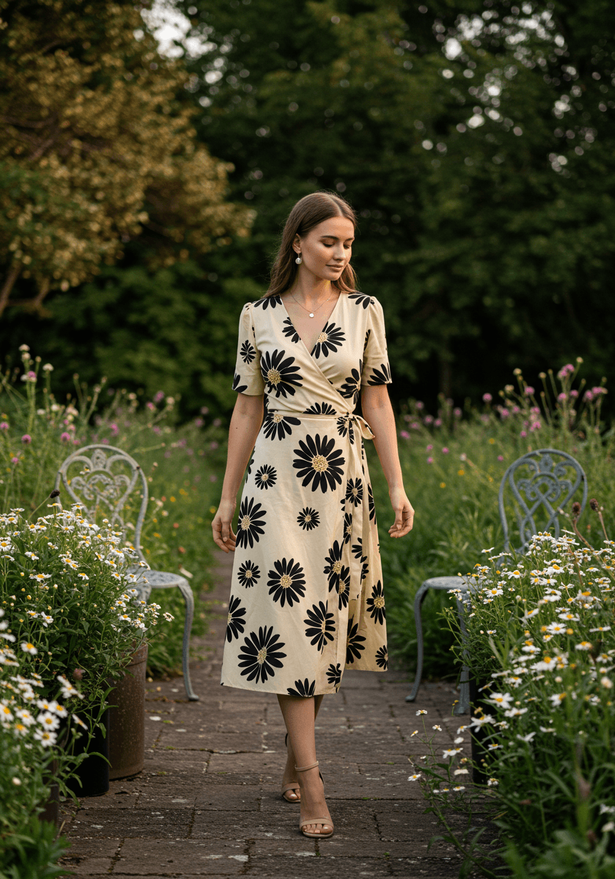 Bold botanical daisy print dress in motion on garden pathway during golden evening light