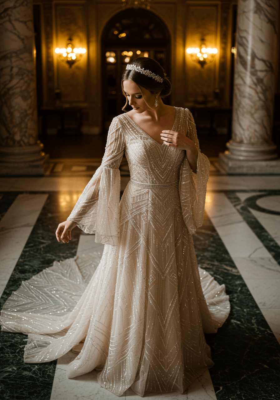 Bride demonstrating voluminous bell sleeves with geometric Art Deco beading patterns in golden hour lighting