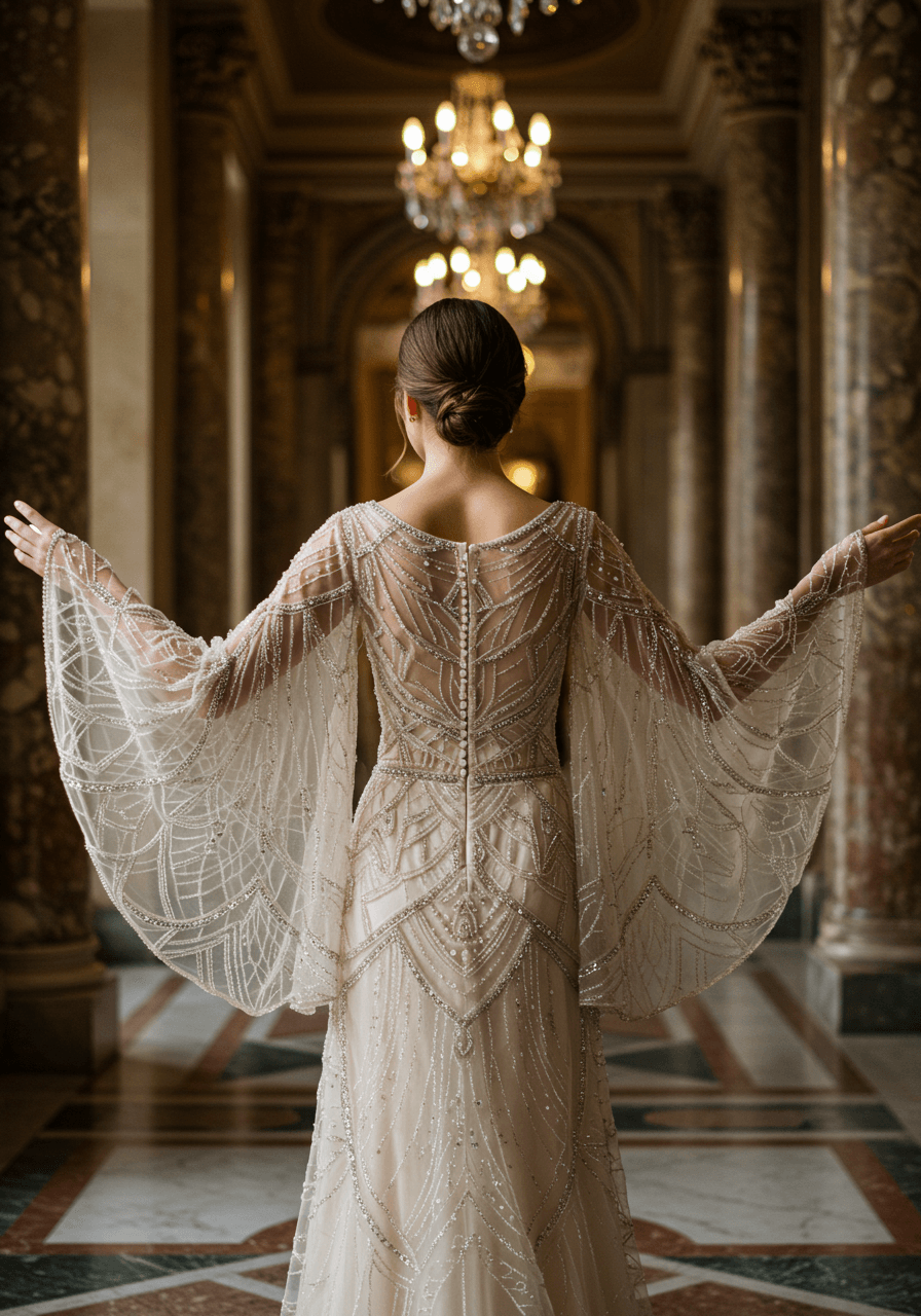Bride with arms extended showcasing dramatic bell sleeves of champagne wedding gown with Art Deco geometric beadwork
