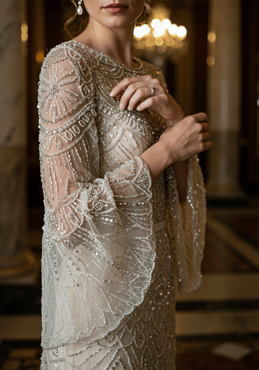 Bride displaying ornate bell sleeve details of Art Deco wedding dress with silver and pearl accents in marble ballroom