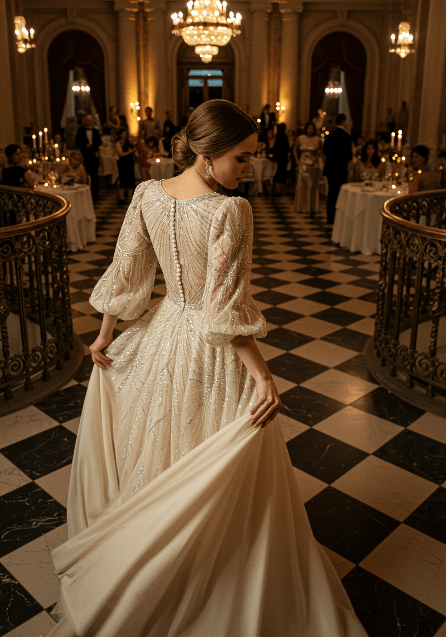 Bride showcasing flowing bishop sleeves with elaborate geometric beadwork on polished checkerboard floor during evening reception