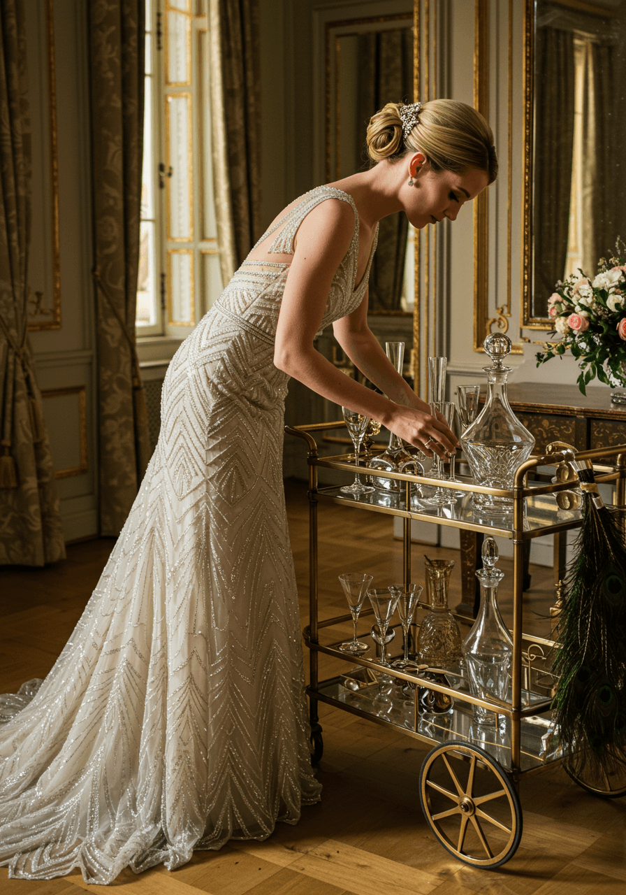 Bride showcasing elaborate Art Deco wedding dress with geometric beadwork near champagne service in elegant ballroom setting