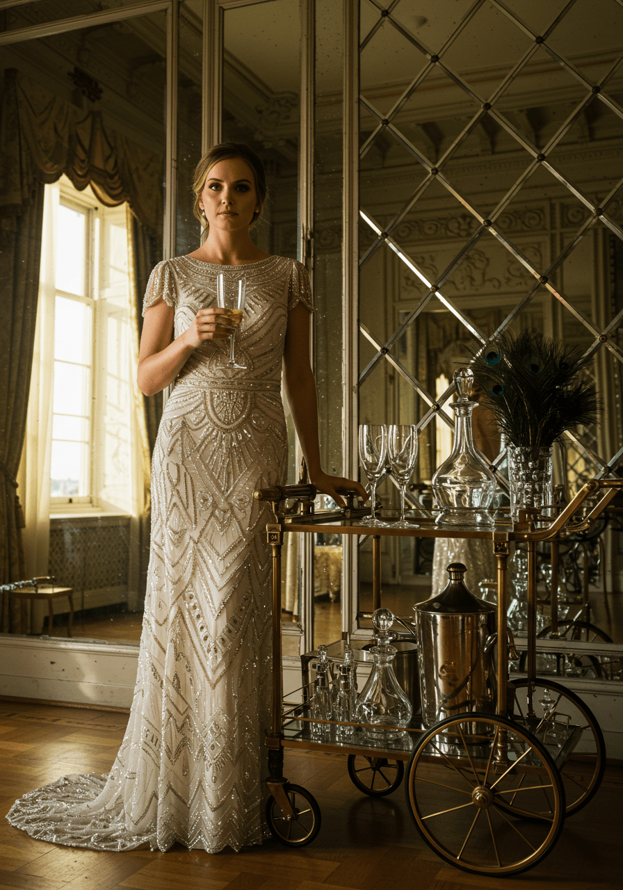 Bride wearing intricate Art Deco wedding dress with sunburst beading beside vintage champagne bar cart in luxurious ballroom