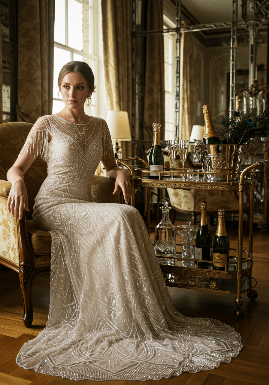 Bride in heavily beaded Art Deco gown with chevron patterns posed by champagne cart with peacock feather details