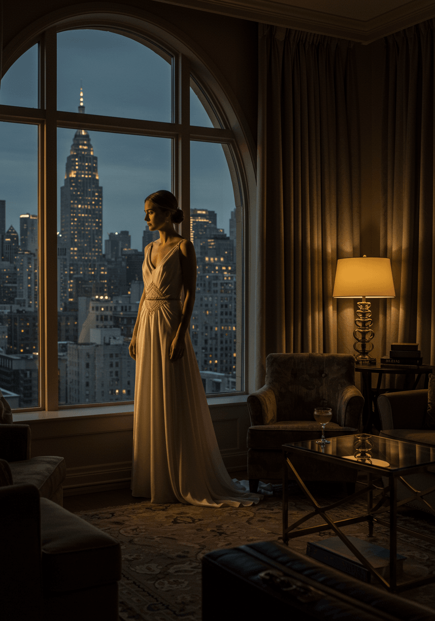 Bride wearing elegant champagne silk crepe wedding dress with geometric beading in luxurious penthouse with city views