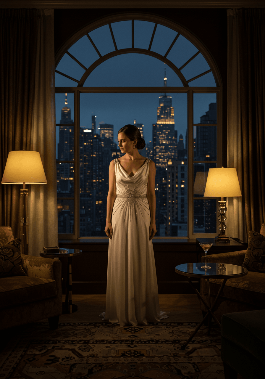 Bride in champagne drop-waist wedding gown with Art Deco sunburst beading standing by arched window overlooking city skyline at dusk