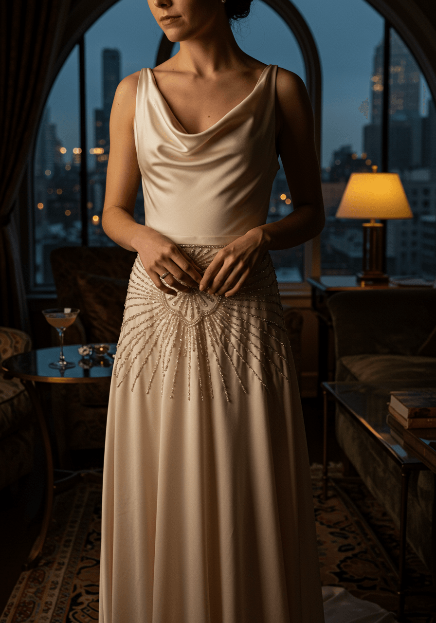 Bride in drop-waist wedding gown with sunburst beadwork posed by window with urban skyline backdrop during golden hour