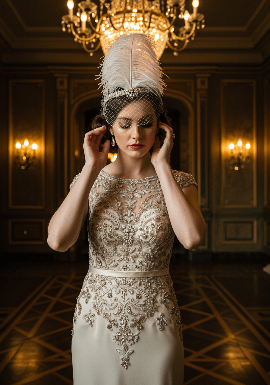 Bride showcasing heavily beaded Art Deco wedding gown with geometric metallic embellishments during golden hour lighting