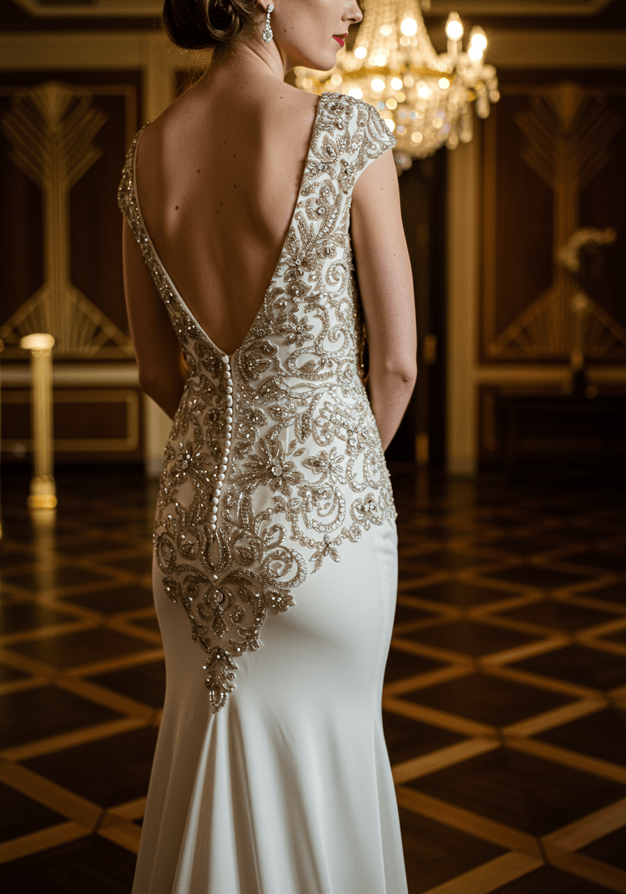 Bride in metallic embellished Art Deco wedding dress with geometric patterns standing in opulent 1920s-style interior