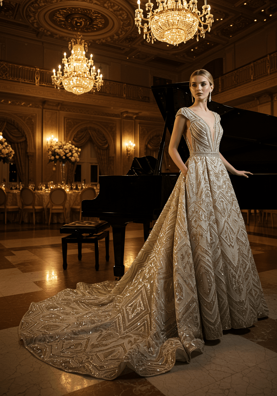 Bride in opulent Art Deco wedding dress with gold and silver geometric embroidery standing beside grand piano in 1920s ballroom