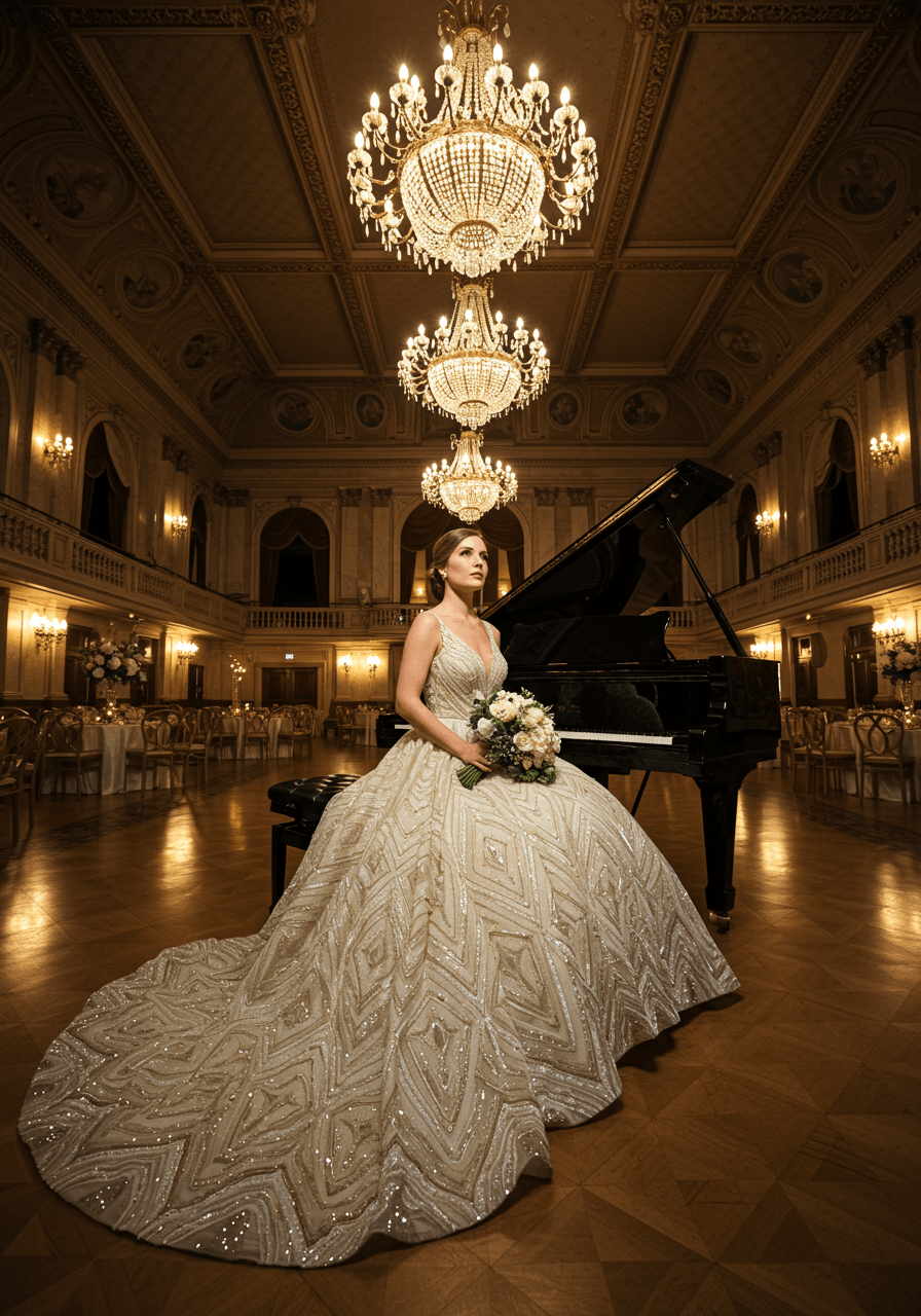 Bride in heavily embellished Art Deco wedding dress with geometric gold and silver embroidery in grand ballroom setting