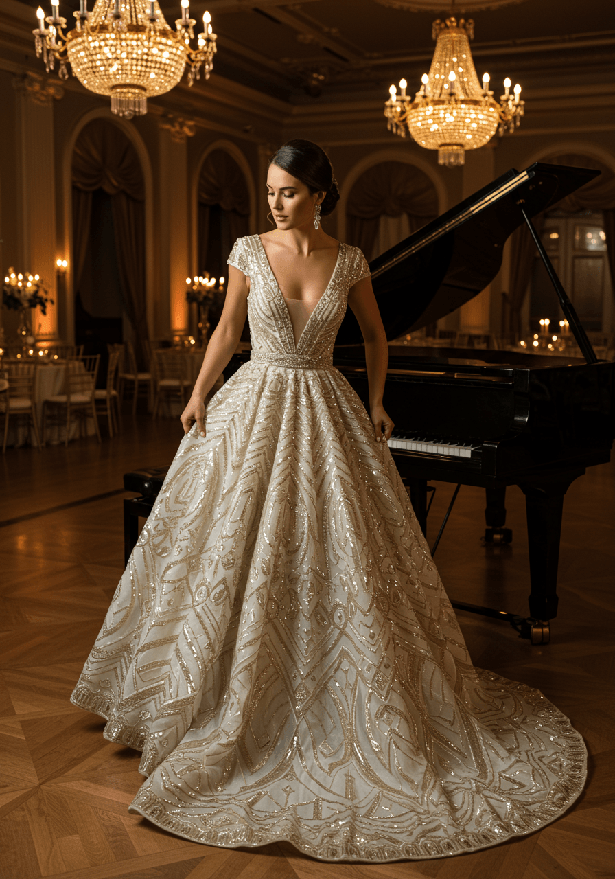 Bride wearing opulent wedding gown with intricate metallic Art Deco patterns posed elegantly by grand piano in ballroom