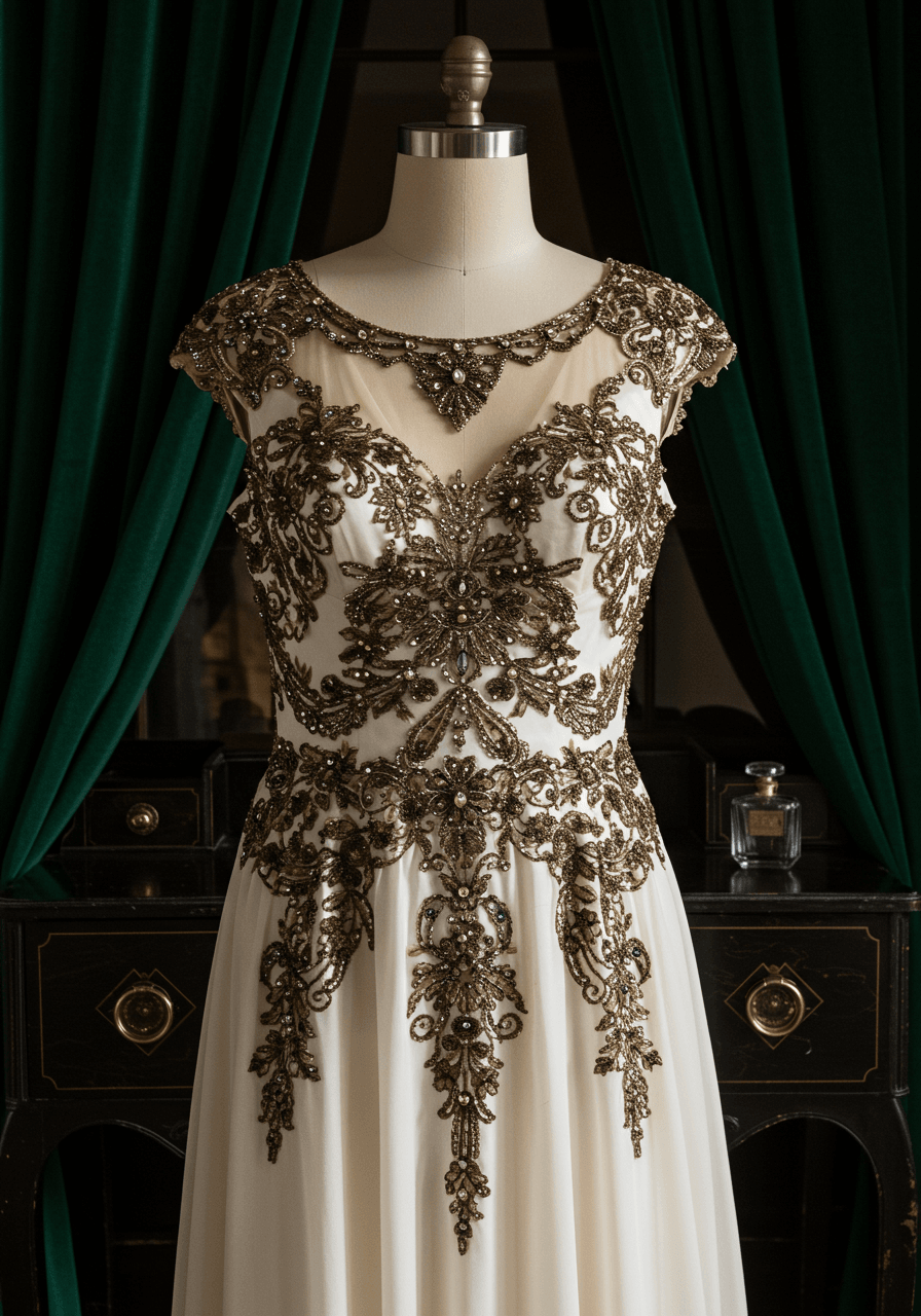 Detailed view of vintage-inspired wedding dress with bronze and gold metallic floral Art Deco embellishments against emerald velvet backdrop